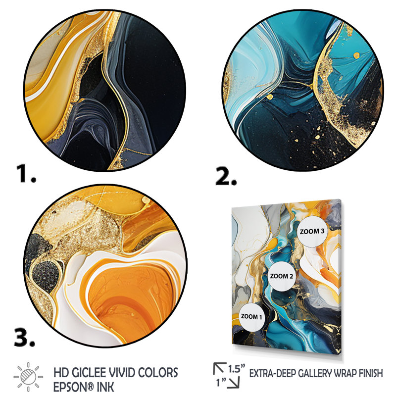 «Blue» et «Yellow Ink Ink Abstraction Harmony I», art mural abstrait à encre liquide, Cadre flottant doré