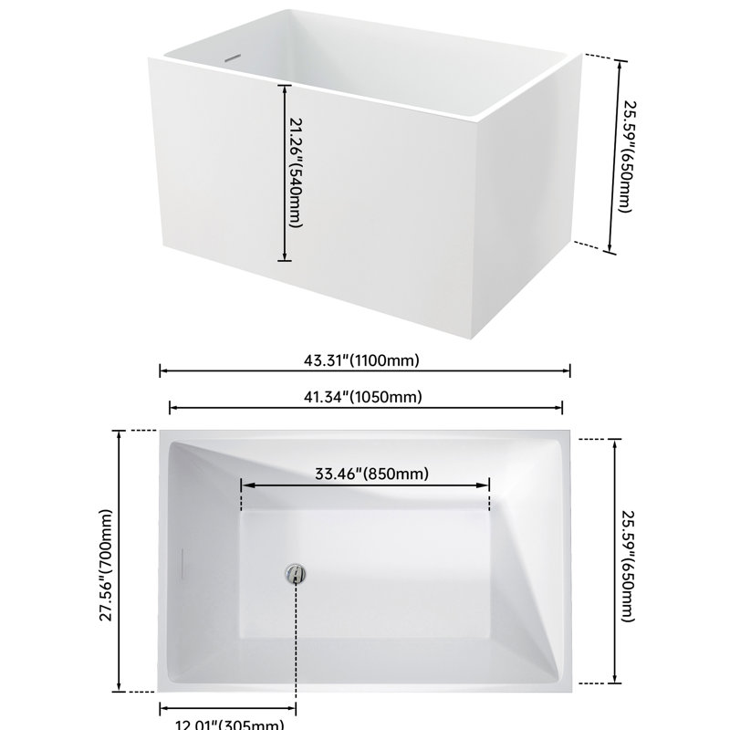 43.37-inch Depth Acrylic Bath Tub In Gloss White, Resin Construction, Non-slip Surface, Comfortable Design For A Great Bathing Experience 43-inch Modern White Soaker Tub, Fiberglass Reinforced,