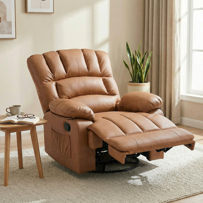 Breasha 39.7" Wide Transitional PU Swivel Rocker Manual Recliner, Brown Polyurethane