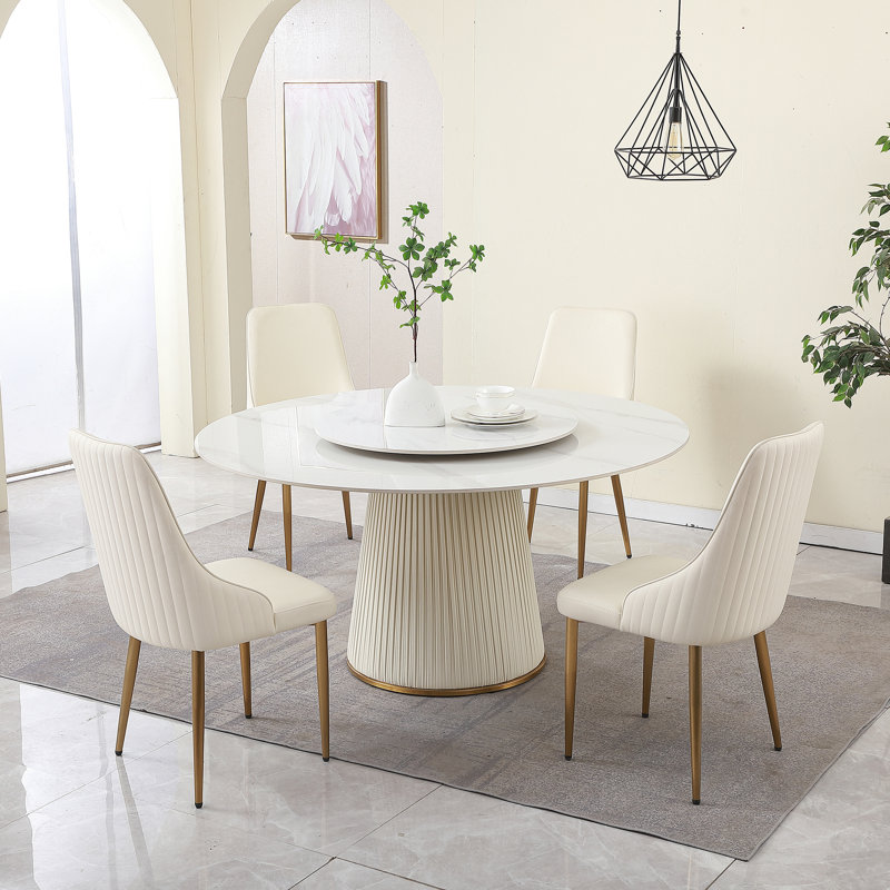 Table de salle à manger 59 po en pierre frittée avec support rotatif rond de 31,5 po, 6 à 8 places assises, plateau tournant moderne en bois et en métal avec grattoir, sièges 6 à 8 po, anti-rayures, support fin