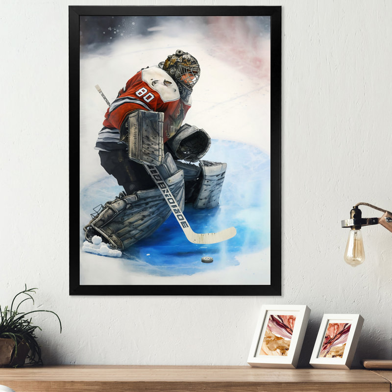 Hockey Gardien pendant le jeu I - Impression sur toile, H 32 po x l 24 po x P 1 po, Cadre photo noir