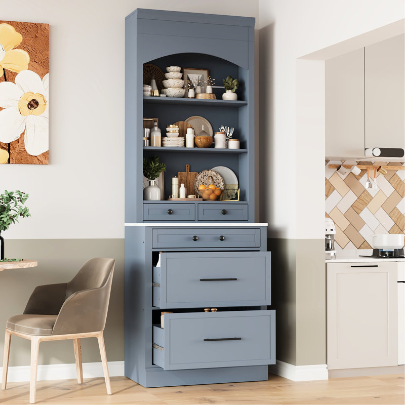 Armoire de cuisine autoportante grise avec faux marbre, hauteur de 83,7 pouces, 5 tiroirs de rangement et grande tablette ajustable
