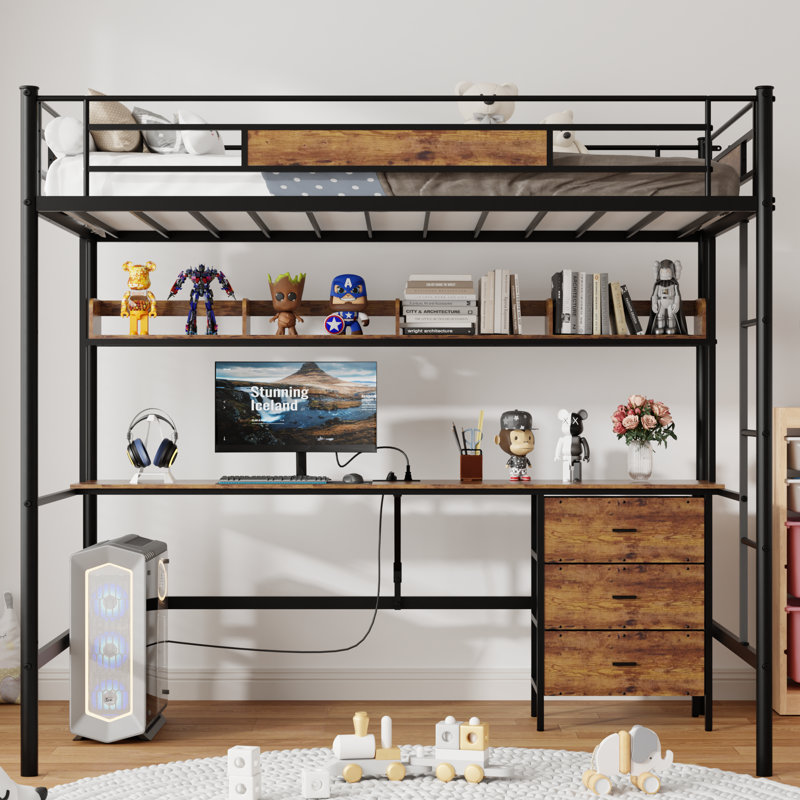 Loft Bed Twin Size With L-Shaped Desk, Charging Station, Twin Metal Loft Bed Frame With Fabric Drawers & Shelve,  Safety Guardrail, No Box Spring Needed, Brown