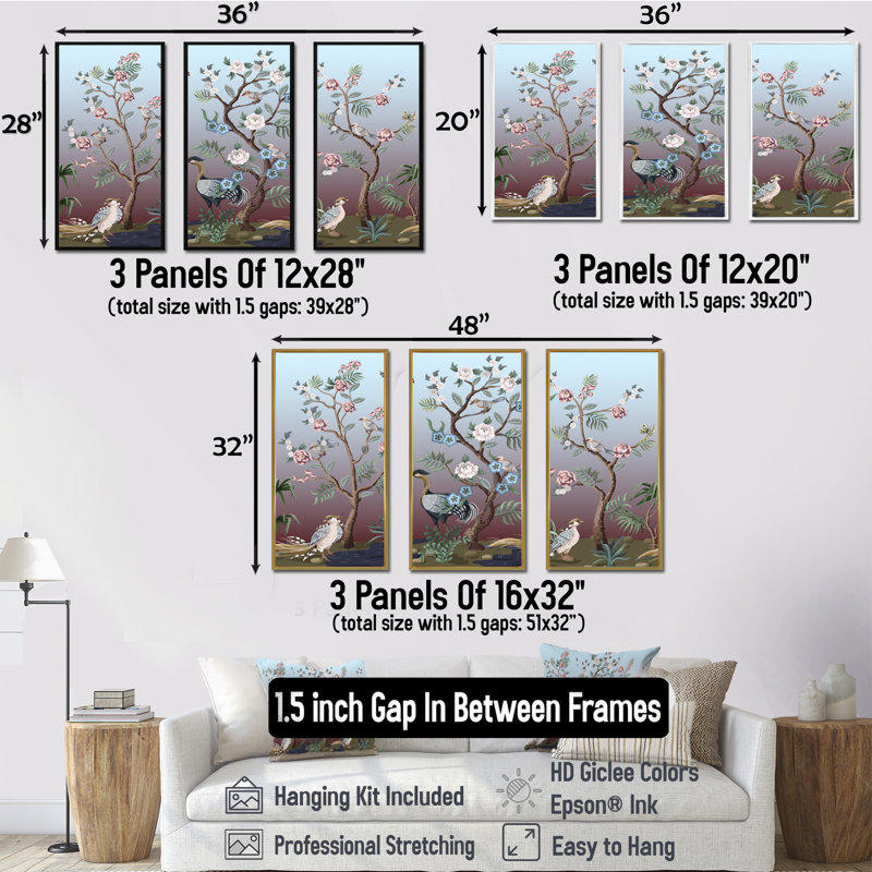 Chinoiserie avec oiseaux et pivoines - peinture sur toile 3 pièces, Cadre doré, H 32 po x l 48 po