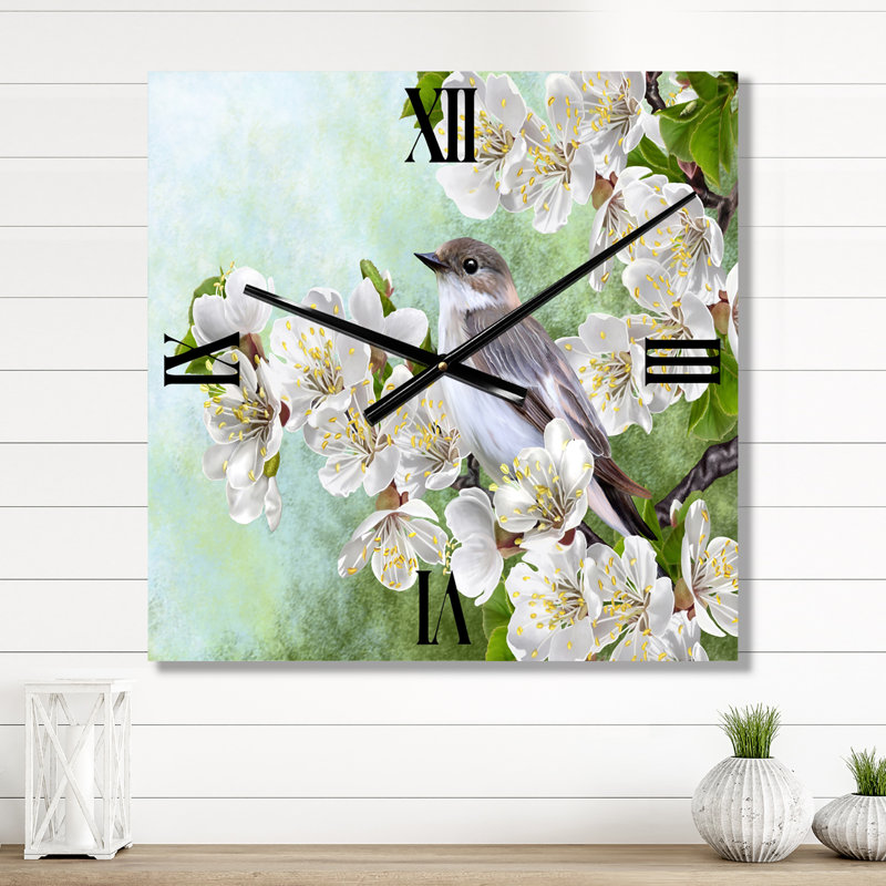 Horloge murale oiseau sur une branche d'arbre en fleurs, Moyen