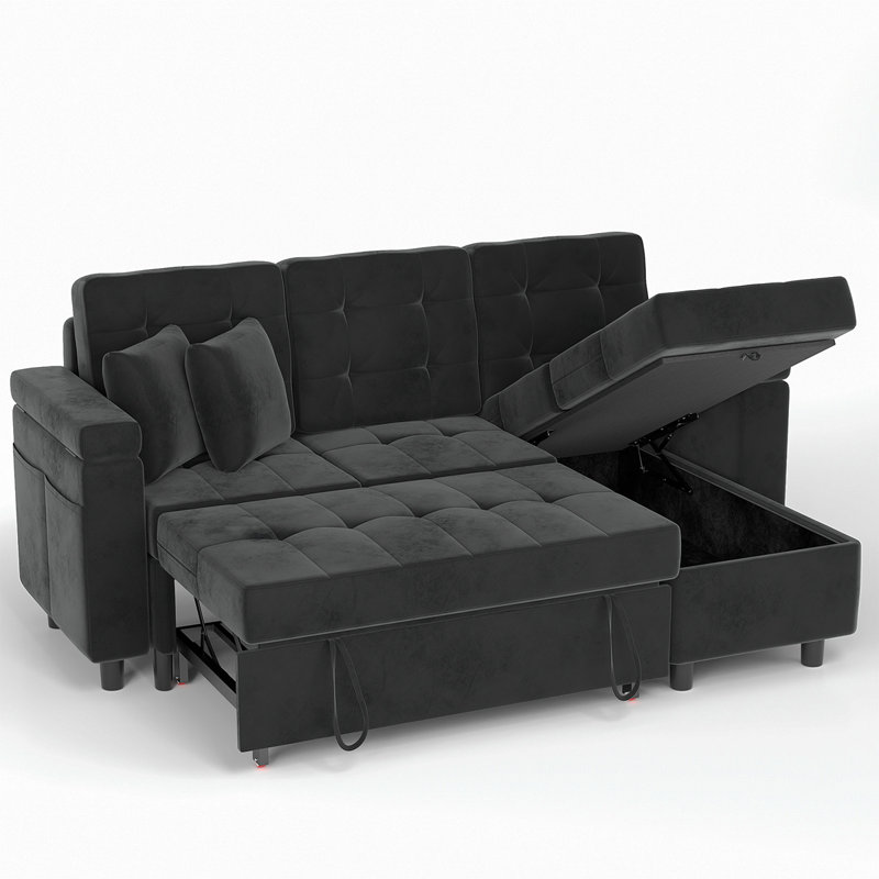 Canapé convertible avec lit escamotable, canapé en L avec méridienne de rangement pour le salon, noir