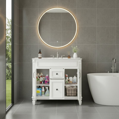 White Freestanding Bathroom Vanity With Sink, Two Doors And Two Drawers, Soft-Close Design.