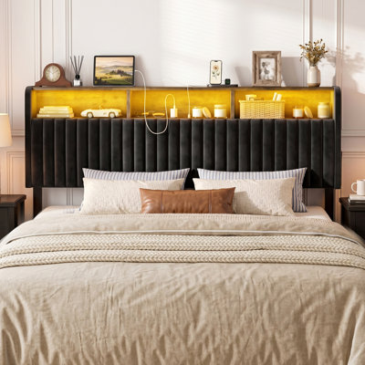 California King Size Storage Headboard Only, Velvet Upholstered Head Board With Led Lights & Charging Station, 39.4"-43.3" Adjustable Height, Easy Assembly, Black