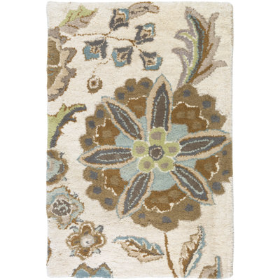 Elsberry Floral Hand-Tufted Wool Demin/Light Gray/Tan Area Rug