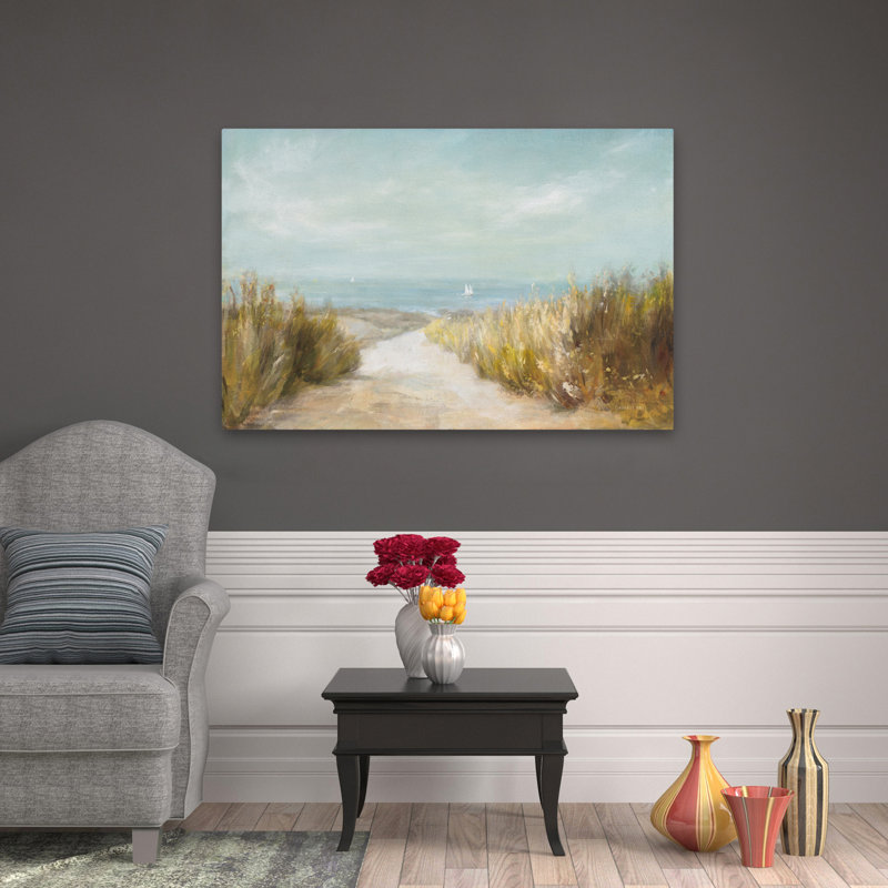 Plage et herbes de plage, voiles lointaines, H 32 po x l 48 po