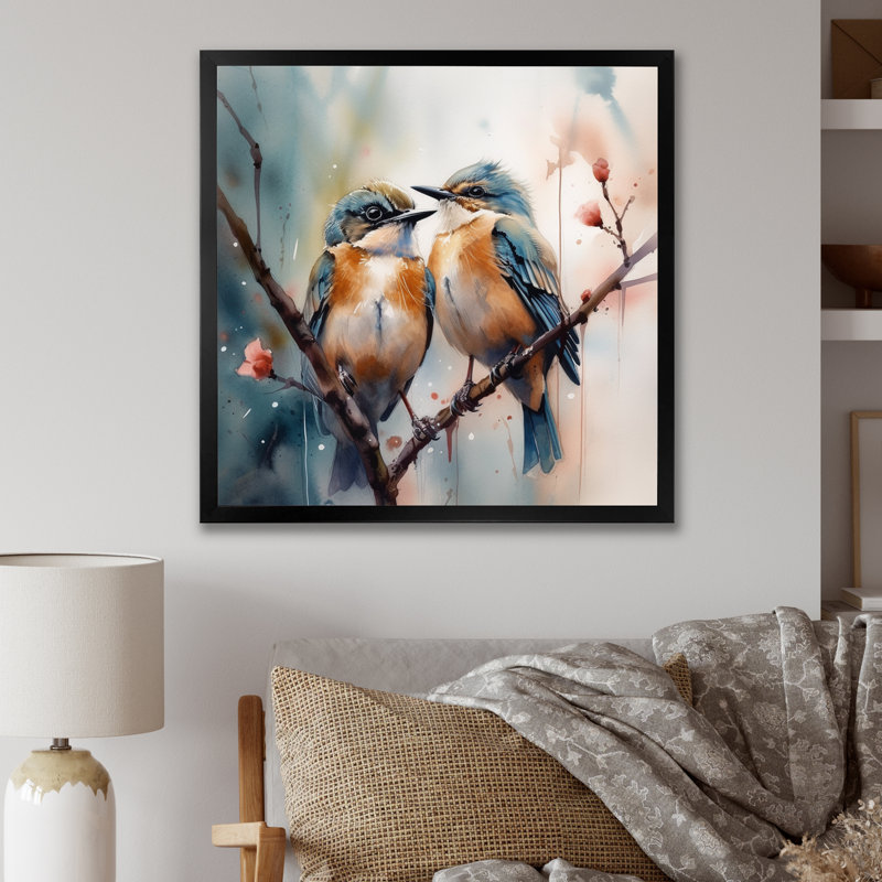 Oiseaux bleus assis sur une branche d'arbre III - Art mural floral, H 36 po x l 36 po, Cadre photo noir