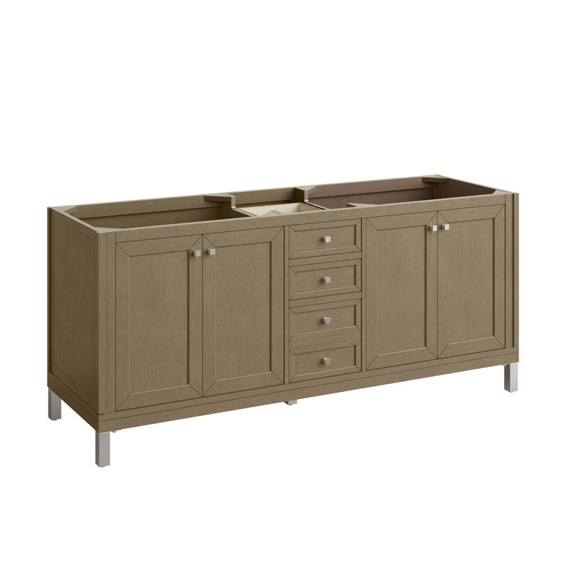 Chicago 72'' W Double Bathroom Vanity Base, Walnut Whisper, Satin Nickel