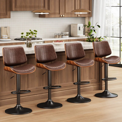 Set Of 4 Swivel Bar Stools With Adjustable Height, Bentwood Back, PU Leather Seat, And Footrest – Modern Counter Height Chairs For Kitchen Island, Dining Room, Or Home Bar, Comfortable & Easy To Clean