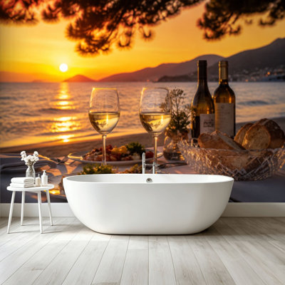Murale de papier peint pelez et collez ensemble de table de coucher de soleil romantique pour deux verres de nourriture luxueux, adhésif et amovible