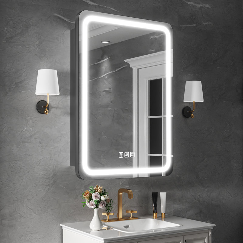 20 in. W x 28 in. H Rectangular Iron Medicine Cabinet with Mirror, Dimmable Flowing Lights, Defogger, Outlet & USB, Right