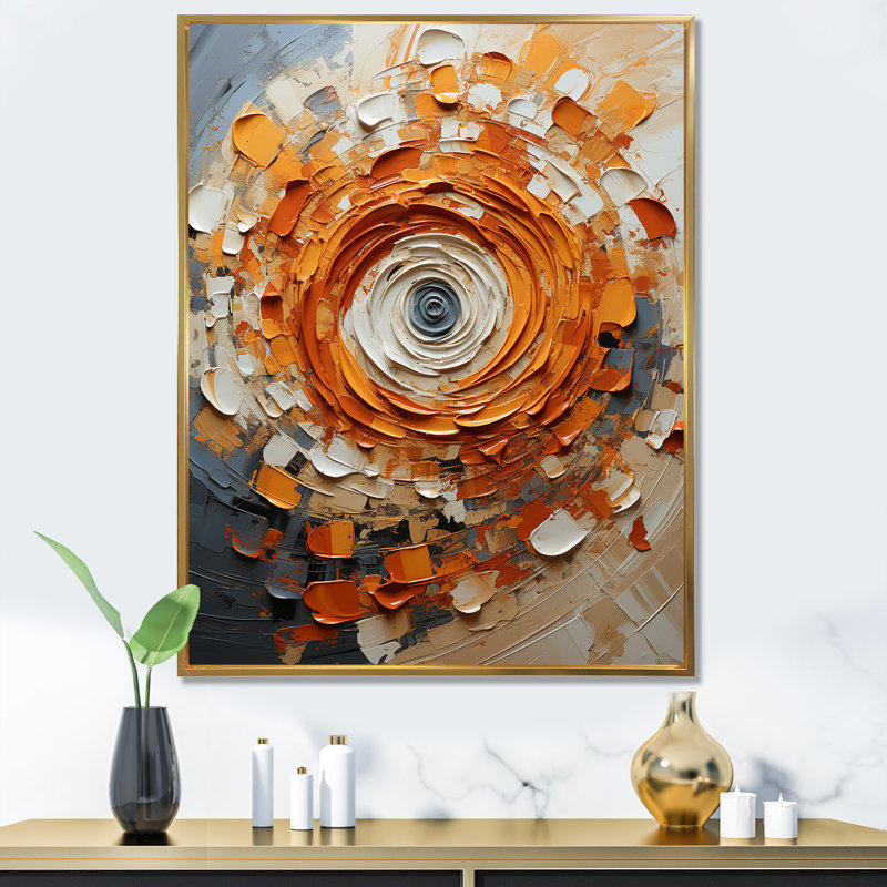 Collage abstrait en spirale orange et blanc - Collages abstraits, art mural, Cadre flottant doré, 60" H x 28" W