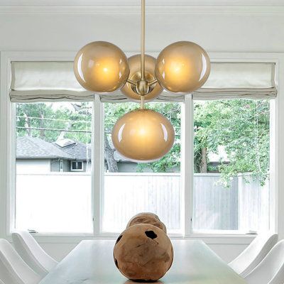 Mid-Century Modern Gold Chandelier with Gradient Coffee Glass Globes, 4-Light or 7-Light Cluster Pendant, Adjustable Height 27-75" for Sloped Ceilings - ETL Listed