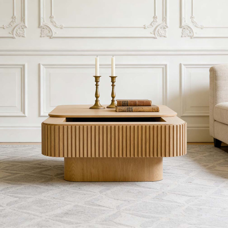 Table basse carrée 31,5 "avec rangement, Bois naturel