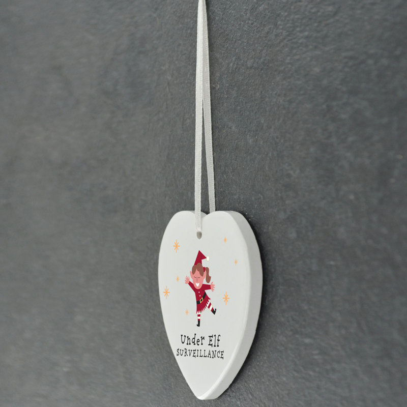 Xmas Under Elf Surveillance Heart Shaped Ceramic Ornament