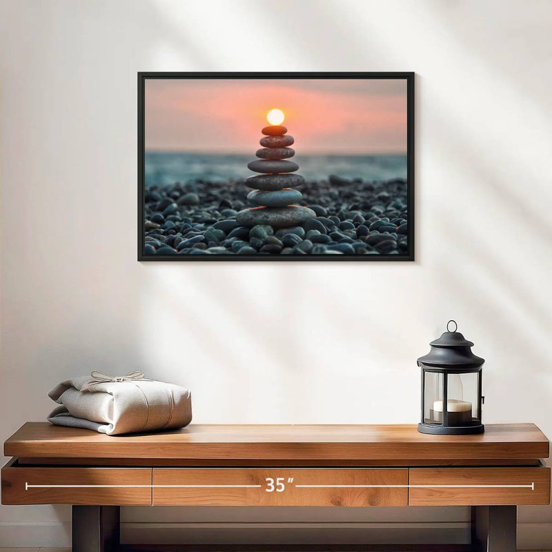 Zen pile au coucher du soleil, 19 po x 13 po, Cadre flottant noir