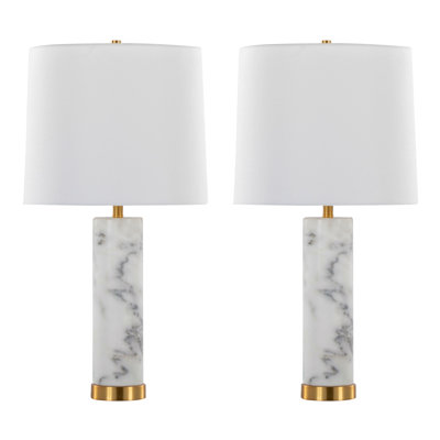 Lampe de table contemporaine 26 "en marbre blanc et métal laiton avec abat-jour en lin blanc - ensemble de 2