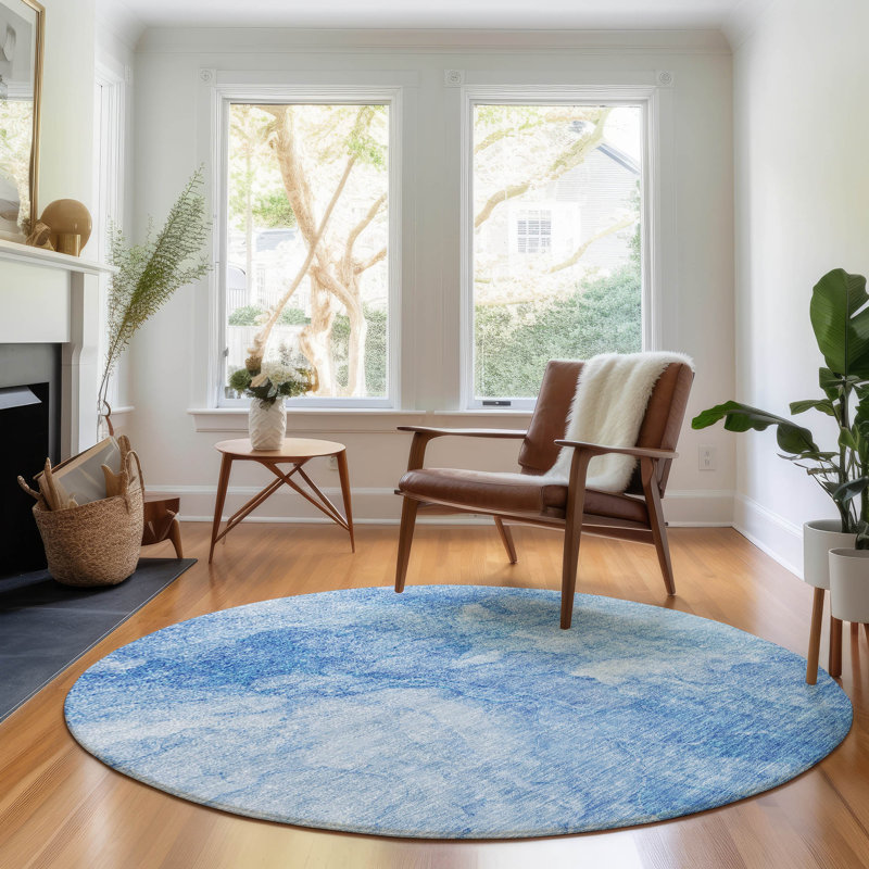 Premium Machine Washable Prisco Blue Rug, Round 8'