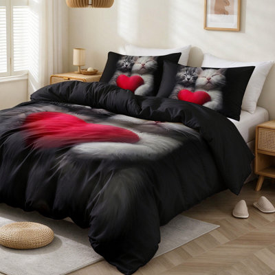 Literie 3 pièces motif chat mignon, taille king, pour chambre d'ado ou d'adulte, housse de couette et taies d'oreiller assorties.