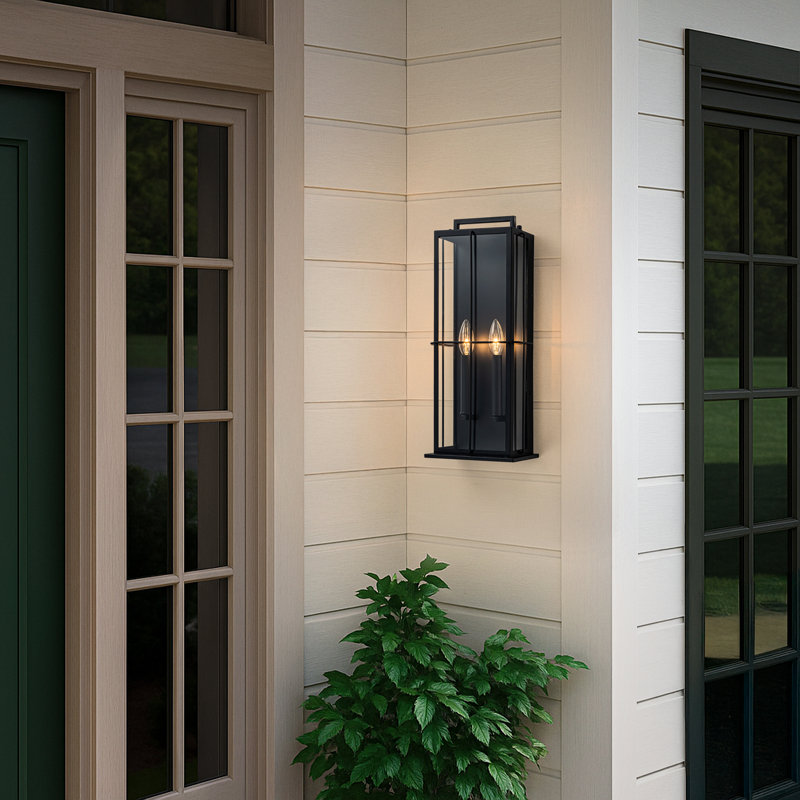Grande lampe murale d'extérieur moderne H19 "avec double ampoule en verre transparent et appliques murales au fini noir pour porche