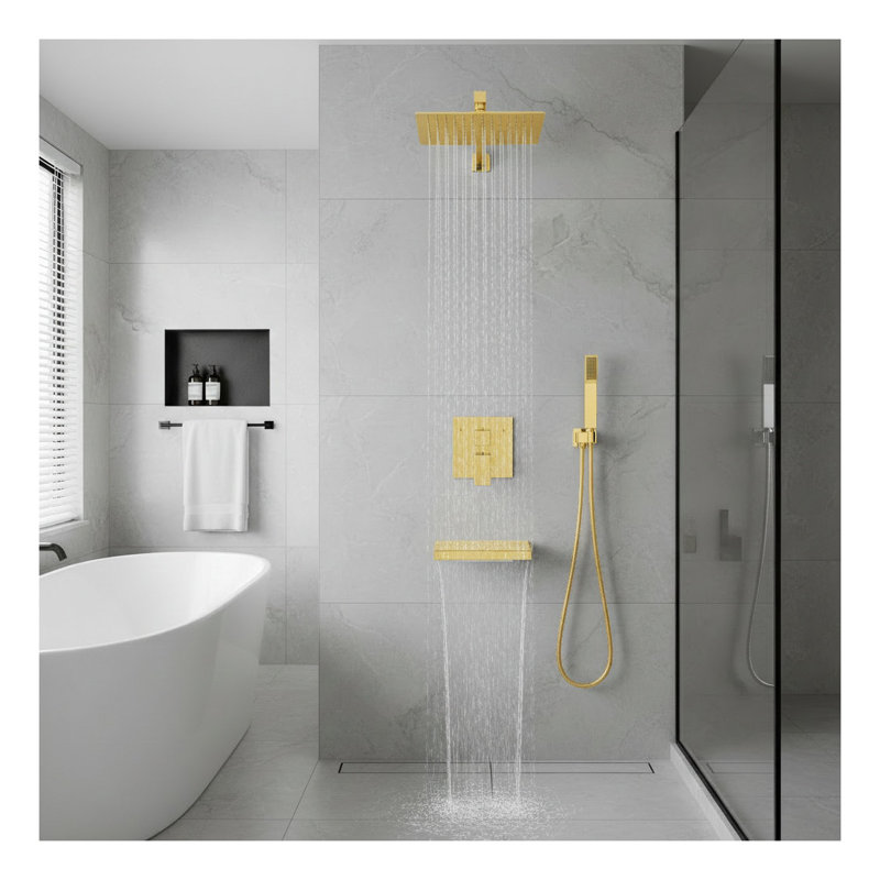 Chrome Rain Shower System with 10 Inch Square Rainfall Shower Head, Handheld Sprayer and Waterfall Tub Spout - Modern Pressure Balance Shower Faucet Set