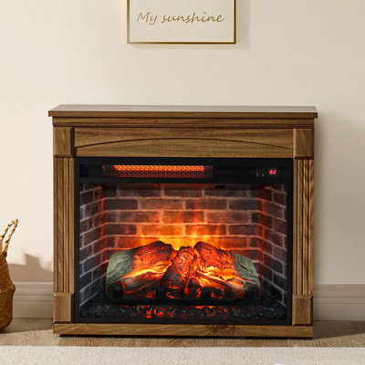 Winston Porter 28" Electric Fireplace with Mantel - Infrared Quartz Fireplace Heater w/Caster & Remote - Realistic Flame & Log - Adjustable Flame Brightness - Firebox for Living Room, Caramel Oak