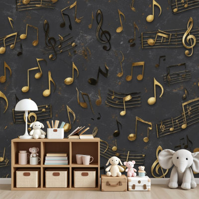 Peel and Stick Wallpaper Gold Black Musical Notes Abstract Dark Grunge Wall Murals 69"H x 96"W Removable PVC Wall Paper Self-Adhesive Wall Decor for Bedroom Living Room Home Office