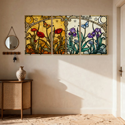 Stained Glass Floral and Butterfly Set of 3 Canvas Wall Art Prints