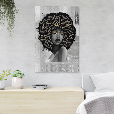«Girl with Adjectives On Hair - I AM ...», reproduction d'art graphique sur toile tendue