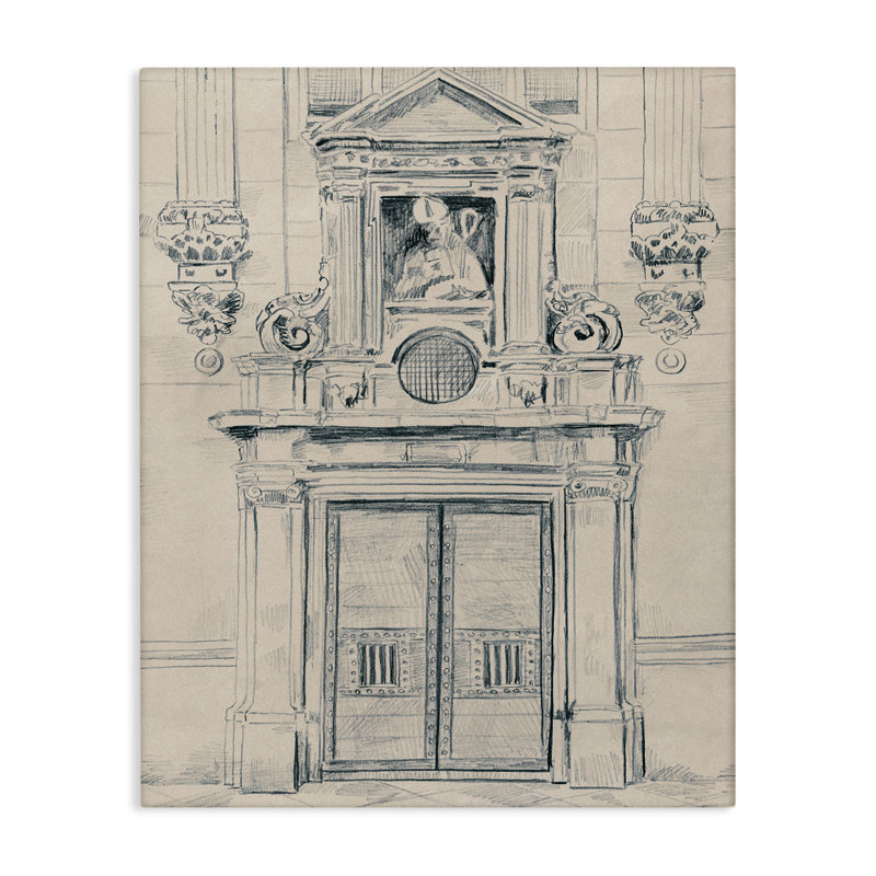 Art mural détaillé sur une porte avec architecture par June Erica Vess, H 40 po x l 30 po