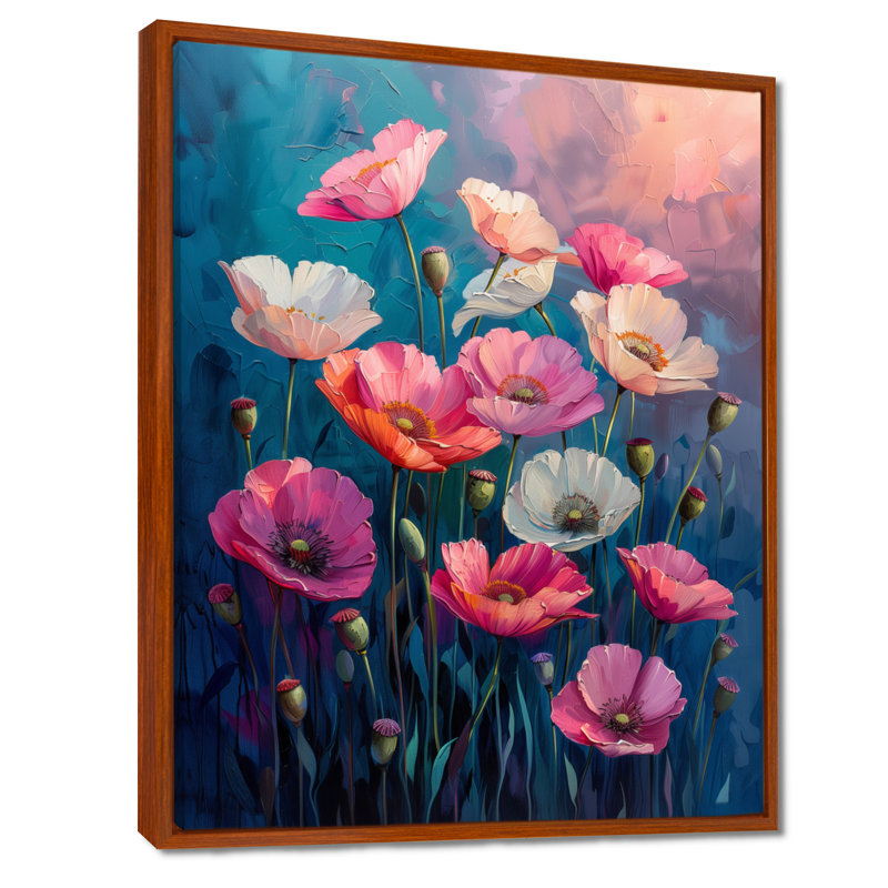Rose, blanc, vibrant, symphonie de coquelicots III - coquelicots, salon d'art mural, Toile avec cadre flottant brun