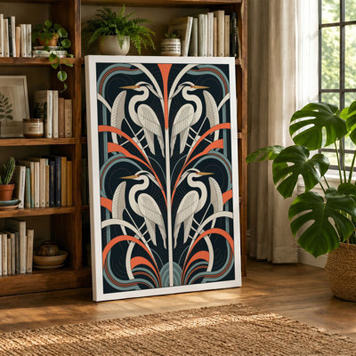 Mirrored Herons in Pattern Art Deco - Wrapped Canvas