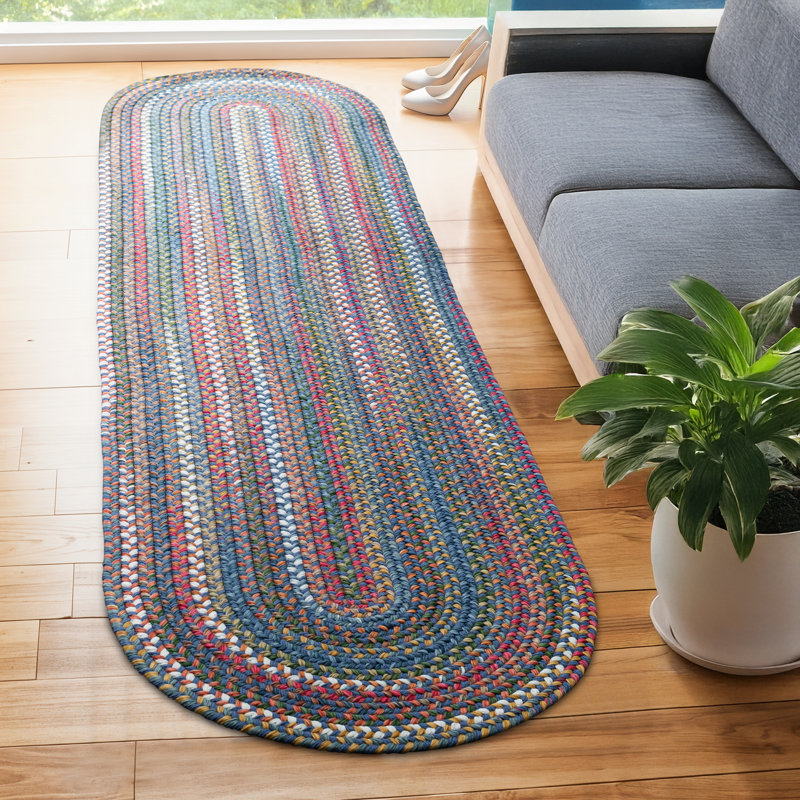 Tapis géométrique tressé à la main Orval, Tapis de couloir 2 pi x 6 pi, Bleu