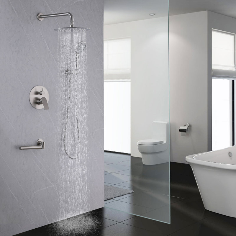 Modern 10" Round Wall Mounted Pressure Balance Rainfall Shower System With Swivel Tub Spout And Handheld Shower