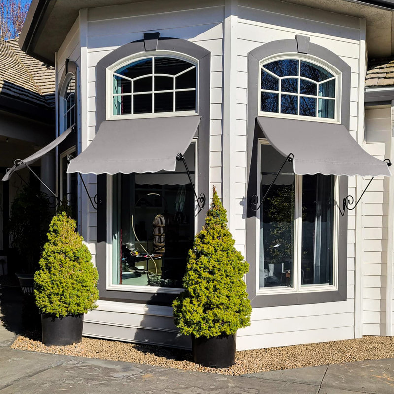 Awntech Charleston Acrylic Fabric Awning with Iron Scroll Arms, Gray, 36" H x 64.5" W x 24" D