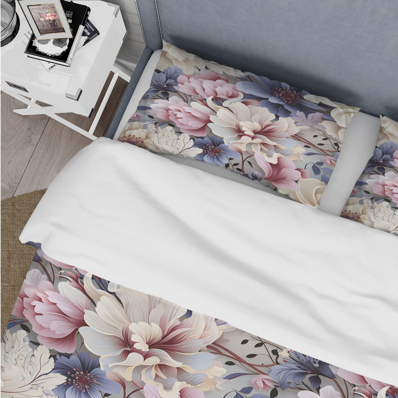 Ensemble de housse de couette à motif floral victorien mauve et blanc II, Housse de couette simple + 1 taie décorative stan
