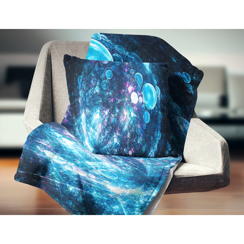 Bulles sphériques sphériques - coussin imprimé abstrait, 18 po x 18 po, Bleu / noir, Coussin décoratif