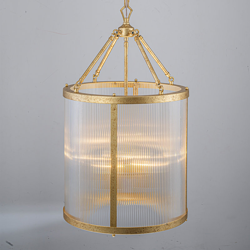 Qudarius 4-Light Dimmable Iron Drum Chandelier, Antique Gold, Ribbed