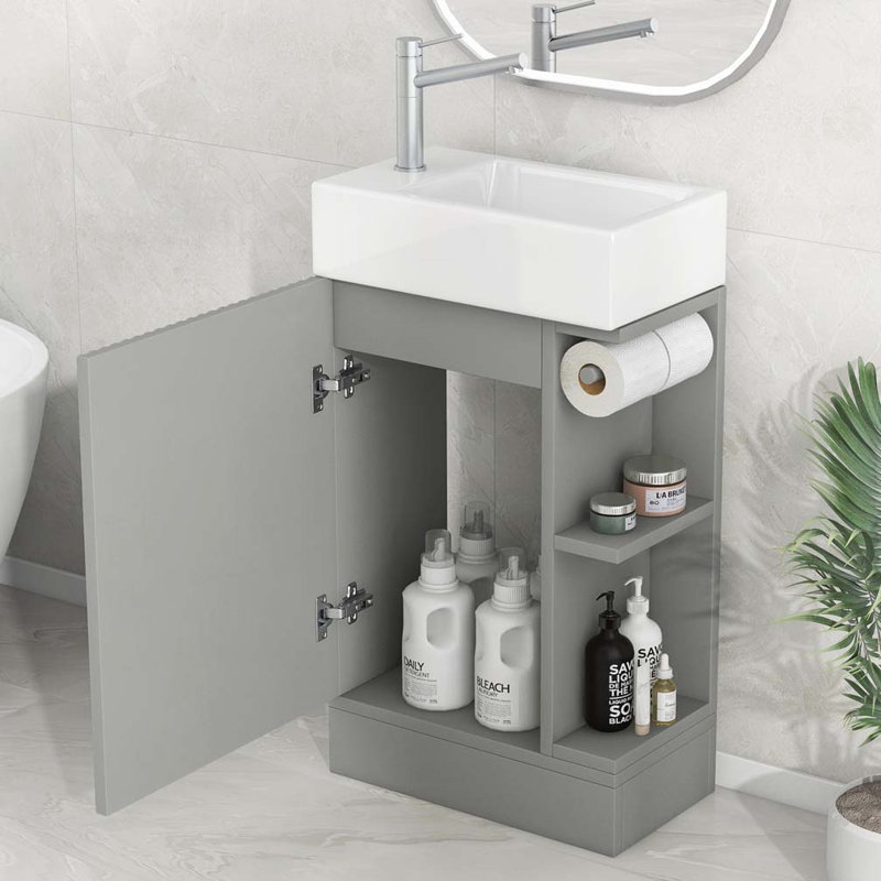 Bathroom Vanity with Ceramic Sink, Two-tier Shelf and Left or Right Orientation, Gris
