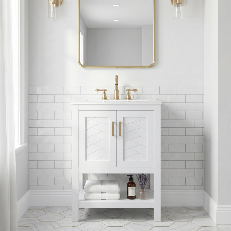 Meuble-lavabo moderne autoportant 24 po blanc avec lavabo en céramique, tablette ajustable, conception élégante en sergé, charnières à fermeture en douceur, structure ouverte au dos