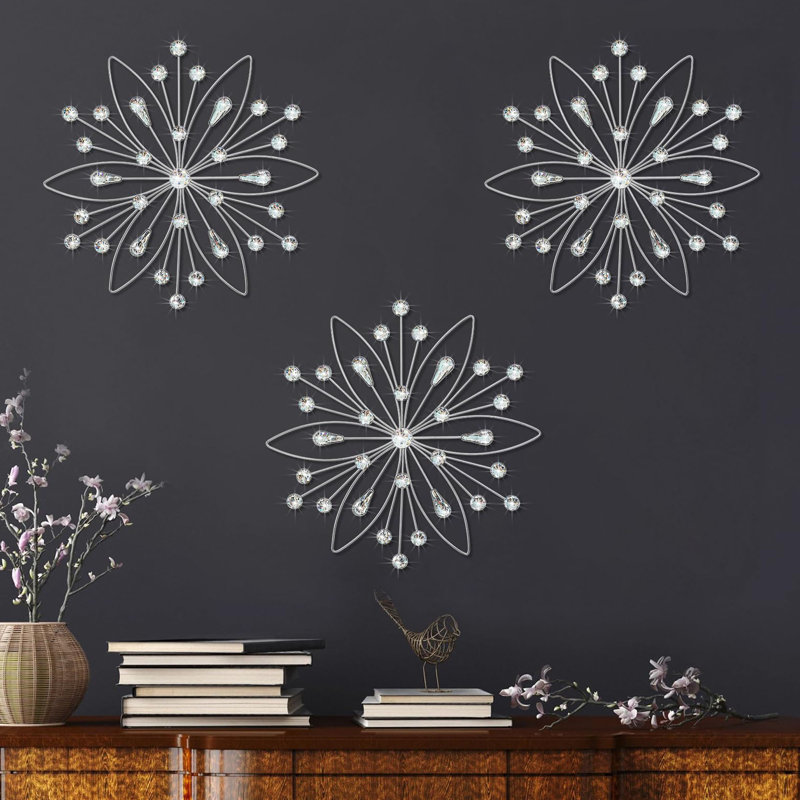 Ensemble de 3 décorations murales en forme d'étoile en métal avec strass en cristal, Silver