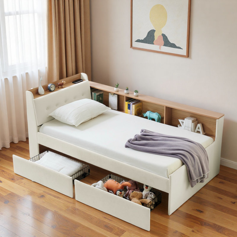 Lit de jour multifonctionnel avec tête de lit, chargement sans fil, 2 tiroirs de rangement et lumières à DEL, Beige