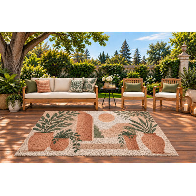Tapis d'extérieur 152 x 213 cm, motif minimaliste de pots botaniques et d'arches, tapis bouclé en PVC imperméable, tapis de terrasse robuste à séchage rapide, pour porche, terrasse, balcon ou entrée.