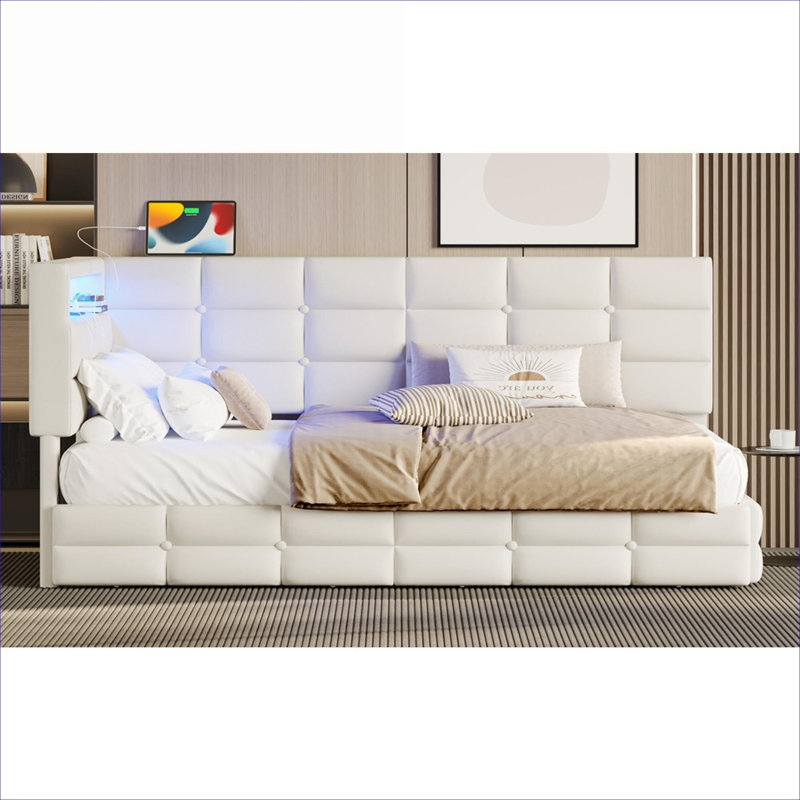 Upholstered Linen Twin Size Platform Daybed, Storage Daybed With LED Lights and Built-In Charging Station, Linen Beige, Beige