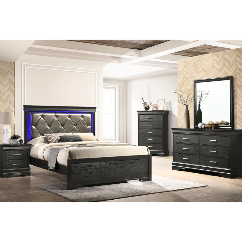 Lit double avec tête de lit grise et tête de lit confortable et moderne