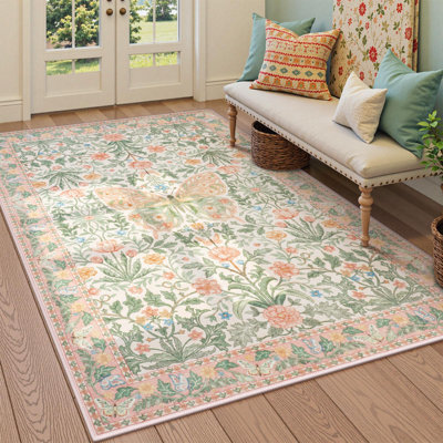 Goldene Washable Butterfly Area Rug Boho Floral Rugs for Girls Room Non Slip Ultra Thin Insect Floor Carpet